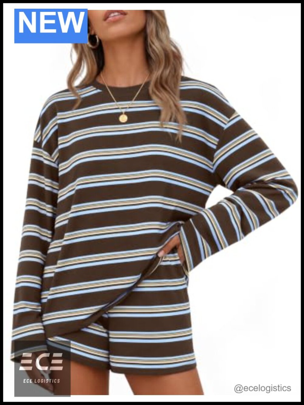 2 Piece Striped Lounge Set Long Sleeve Top & Shorts Pockets Cozy